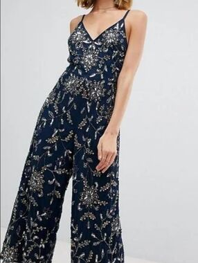 LACE & BEADS Women's Navy Blue Embellished Cami Strap Culotte Jumpsuit